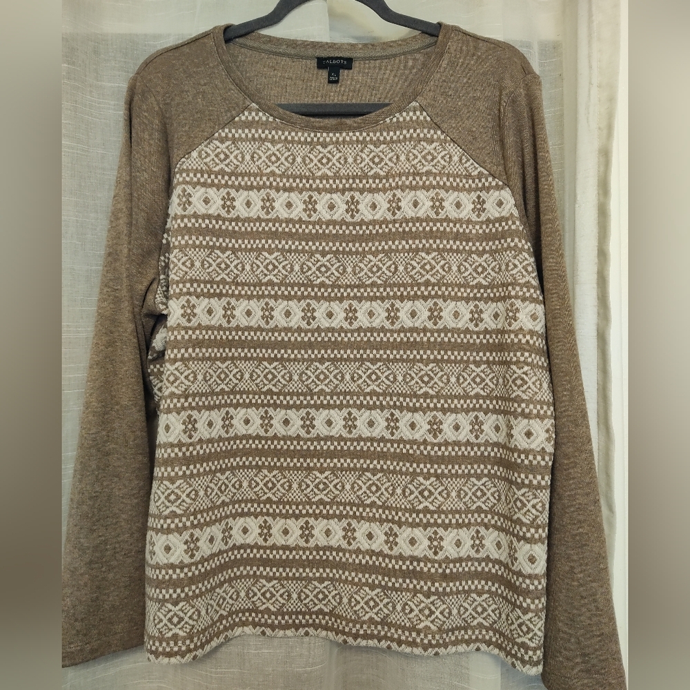 Talbots Long Sleeve Sweatshirt Brown and White Lace Print Front Size XL